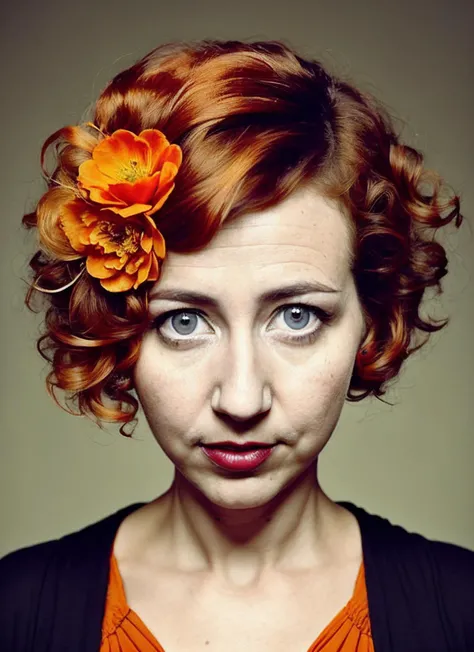 portrait of sks woman by Flora Borsi, style by Flora Borsi, bold, bright colours, orange Mohawk haircut, ((Flora Borsi)), <lora:locon_kristenschaal_v1_from_v1_64_32:1.4>