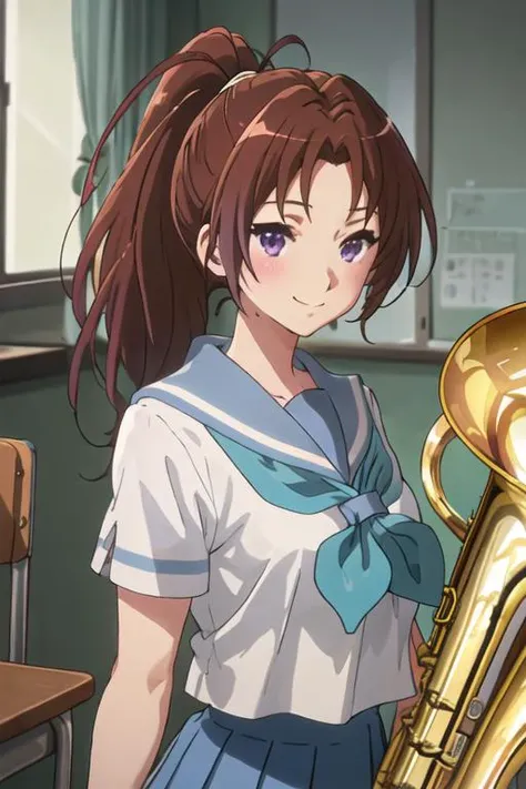 best quality, masterpiece, highres, solo, {nakagawa_natsuki_soundeuphonium:1.15}, brown_hair, ponytail, long_hair, purple_eyes, blush, serafuku, closed_mouth, indoors, bangs, 1girl, holding, shirt, short_sleeves, t-shirt, purple_shirt, holding_phone, sitting