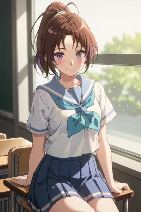 best quality, masterpiece, highres, solo, {nakagawa_natsuki_soundeuphonium:1.15}, brown_hair, ponytail, long_hair, purple_eyes, blush, serafuku, closed_mouth, indoors, bangs, blue_neckerchief, blue_sailor_collar, blue_skirt, chair, holding, holding_instrument, instrument, kitauji_high_school_uniform, neckerchief, sailor_collar, school_uniform, shirt, short_sleeves, sitting, skirt, white_shirt, 1girl, classroom, looking_at_viewer, pleated_skirt, smile, window, blurry_background