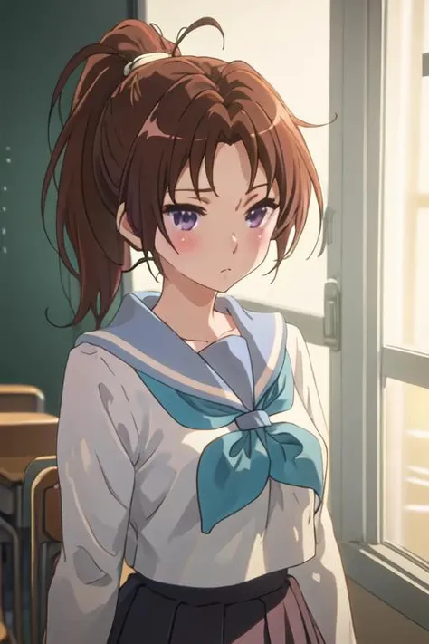 best quality, masterpiece, highres, solo, {nakagawa_natsuki_soundeuphonium:1.15}, brown_hair, ponytail, long_hair, purple_eyes, blush, serafuku, closed_mouth, indoors, bangs, 1girl, brown_shirt, brown_skirt, kitauji_high_school_uniform, long_sleeves, neckerchief, pleated_skirt, sailor_collar, school_uniform, shirt, skirt, standing, white_sailor_collar, blue_neckerchief