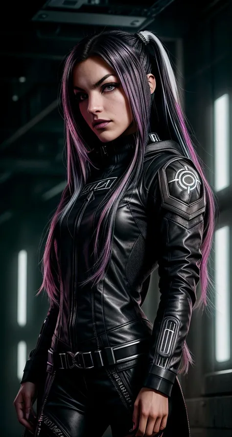 beautiful woman (Koh_KaylaCompton:.99): (sexy female cyber goth:1.3), fog, ominous, beautiful, hyperrealistic, by greg rutkowski, yoshitaka amano, ilya kuvshinov, Retina display, (black and white:1.1), Canon50,"In Jernau we trust"