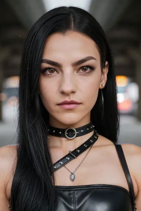 Picture, high quality, SFW, goth woman Koh_KaylaCompton, black hair, wearing vintage cybergoth dress, modest, leather straps, metal studs, neon accessoires, cybergoth, close up portrait, under underpass, grim, dark, perfect face, perfect eyes, sharp focus, tracelight, raytraced, glimmer