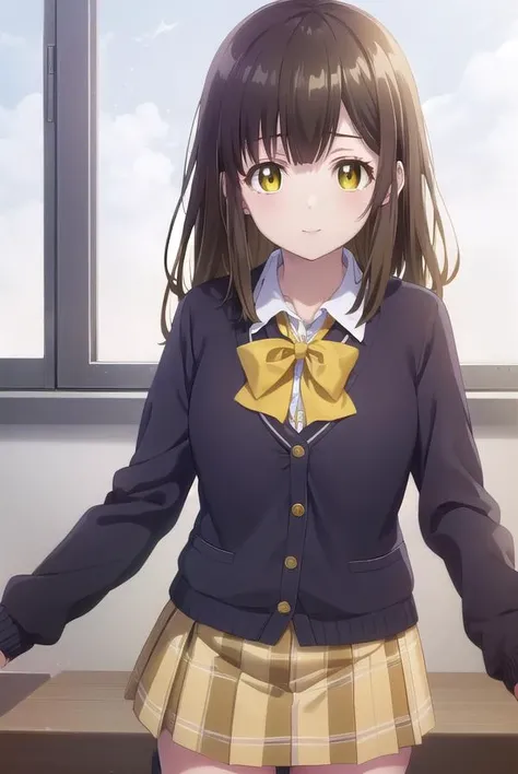 sayuogiwara, <lora:sayu ogiwara s1-lora-nochekaiser:1>,
sayu ogiwara, long hair, bangs, brown hair, (yellow eyes:1.5), smile,
BREAK skirt, shirt, long sleeves, bow, school uniform, white shirt, pleated skirt, socks, collared shirt, bowtie, red bow, sweater, plaid, plaid skirt, cardigan, black socks, red bowtie,
BREAK indoors, classroom,
BREAK looking at viewer, (cowboy shot:1.5),
BREAK <lyco:GoodHands-beta2:1>, (masterpiece:1.2), best quality, high resolution, unity 8k wallpaper, (illustration:0.8), (beautiful detailed eyes:1.6), extremely detailed face, perfect lighting, extremely detailed CG, (perfect hands, perfect anatomy),