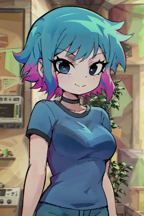 <lora:ScottPilgrim:1> ScottPilgrim Style, 1girl, solo, smile, short hair, bangs, shirt, medium breasts, closed mouth, blue hair, upper body, pink hair, short sleeves, sidelocks, multicolored hair, choker, indoors, black eyes, two-tone hair, blurry background, blue shirt, t-shirt,