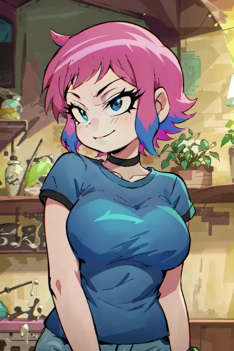 <lora:ScottPilgrim:1> ScottPilgrim Style, 1girl, solo, smile, short hair, bangs, shirt, medium breasts, closed mouth, blue hair, upper body, pink hair, short sleeves, sidelocks, multicolored hair, choker, indoors, black eyes, two-tone hair, blurry background, blue shirt, t-shirt,