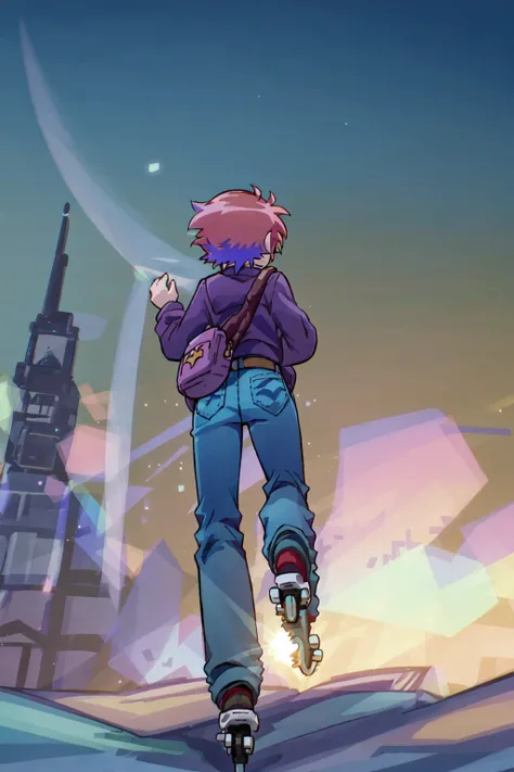 <lora:ScottPilgrim:1>ScottPilgrim Style, 1girl, solo, short hair, long sleeves, 1boy, full body, purple hair, male focus, red hair, sky, pants, bag, from behind, from below, denim, jeans, skates, roller skates, inline skates