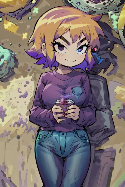 <lora:ScottPilgrim:1> ScottPilgrim Style, 1girl, smile, short hair, blonde hair, shirt, long sleeves, 1boy, holding, closed mouth, pink hair, purple hair, short sleeves, multicolored hair, cowboy shot, pants, looking at another, black eyes, two-tone hair, cup, thick eyebrows, denim, holding cup, hand in pocket, jeans, purple shirt, blue pants