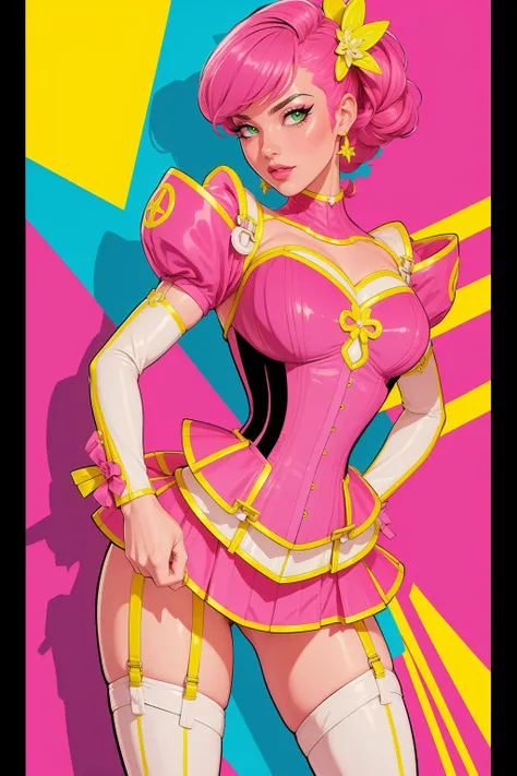 comic  cyberpunk neon style, cel shading, line art 1girl, solo,  beautiful age 40, best quality, high detail, high quality <lora:SpaceBabeCorset-55:0.8> sp4cebab3, hair ornament, flared corset, ((peplum)), garter straps,  skirt, posture collar, [bow], (shoulder pads), standing, art deco fashion,  . graphic illustration, comic art, graphic novel art, vibrant, highly detailed