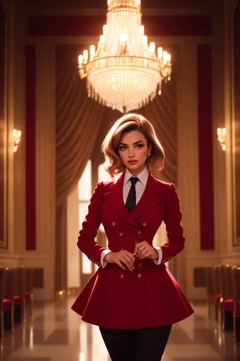 cinematic film still beautiful adult woman, solo, high quality, best quality, highres, high detail ((strawberry blonde hair)) hair, short hair  <lora:Outfit_soph-FormalSkirtSuit:0.8> su1t, formal, Burberry fashion red dress, collar necktie, black pants, buttons  (silouette lighting) ,  standing, high detail, afterglow, bokeh, 8k resolution, rim lighting, shadows, fascinator, pantyhose, standing, grand hall, chandelier, romantic restaurant, Marble Grandeur, Timeless, imposing, luxurious, majestic, by Zaha Hadid photography .  . shallow depth of field, vignette, highly detailed, high budget, bokeh, cinemascope, moody, epic, gorgeous, film grain, grainy