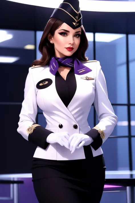 1girl, solo, ((purple theme)), beautiful adult woman, eyeliner, eyeshadow, makeup, red lips [dark hair]  best quality, high quality, high detail, 4k, 8k resolution,rim lighting <lora:Stewardess-64:0.80> st3w4rd3ss, uniform, white gloves, lapel, garrison cap, flight pin, name tag, pencil skirt, scarf, cuffs, large breasts, hourglass figure