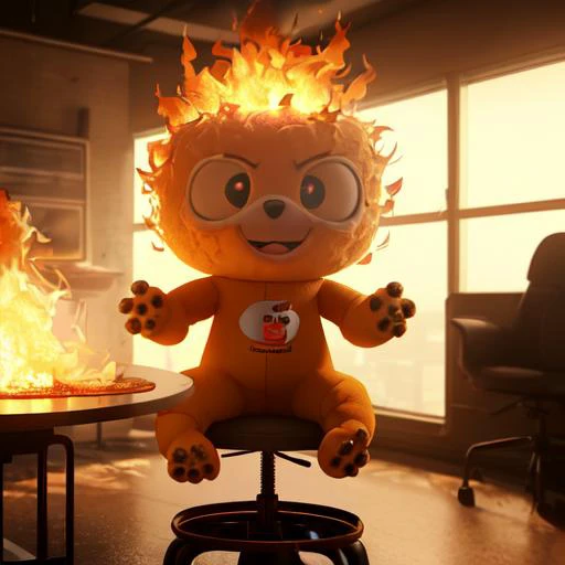 burning chaotic flames in a burning room,  coffee cup Human, fluffy solid coffeecup mascot body suit with holes for arms and legs, sitting on a chair, a puppy sitting on a table, UHD, best quality, 8k, Cinematic Lighting, 3d Render, masterpiece, pixar style