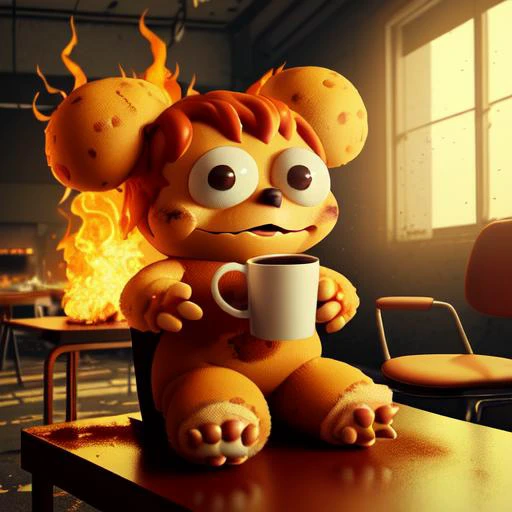 burning chaotic flames in a burning room,  coffee cup Human, fluffy solid coffeecup mascot body suit with holes for arms and legs, sitting on a chair, a puppy sitting on a table, UHD, best quality, 8k, Cinematic Lighting, 3d Render, masterpiece, pixar style