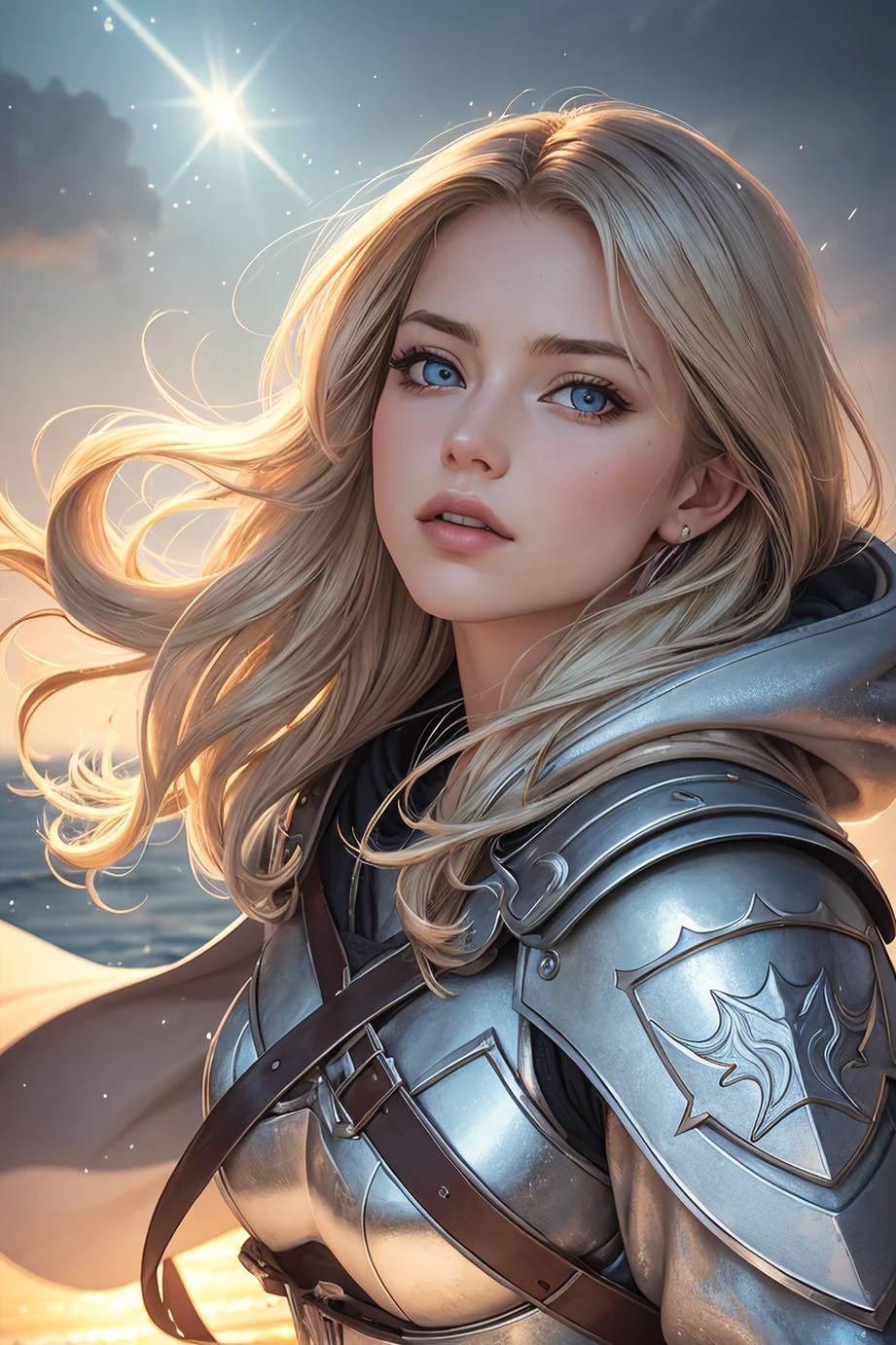 best quality, masterpiece, 1 girl, adult woman, solo, light blue eyes, dark blonde messy hair, portrait, looking up, solo, half shot, detailed background, (light fantasy theme:1.1), (divine fury:1.3), fighter, dark couds, floating light particles, fighting stance, desaturated chain mail, divine blessing, bright realistic lighting, icy tundra, hood, tabard, hair blowing in wind, , Panasonic Lumix DMC-FX68, Suzy Gorman, VanShip, polarized light, propaganda poster,laying down, envious,naked