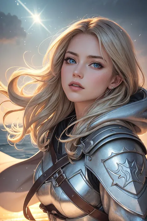 best quality, masterpiece, 1 girl, adult  woman,  solo, light blue eyes, dark blonde messy hair, portrait,  looking up, solo, half shot, detailed background, (light fantasy theme:1.1),  (divine fury:1.3), fighter,  dark couds, floating light particles, fighting stance, desaturated chain mail, divine blessing, bright realistic lighting, icy tundra,  hood,  tabard,  hair blowing in wind, , Panasonic Lumix DMC-FX68, Suzy Gorman, VanShip, polarized light, propaganda poster,laying down, envious,naked