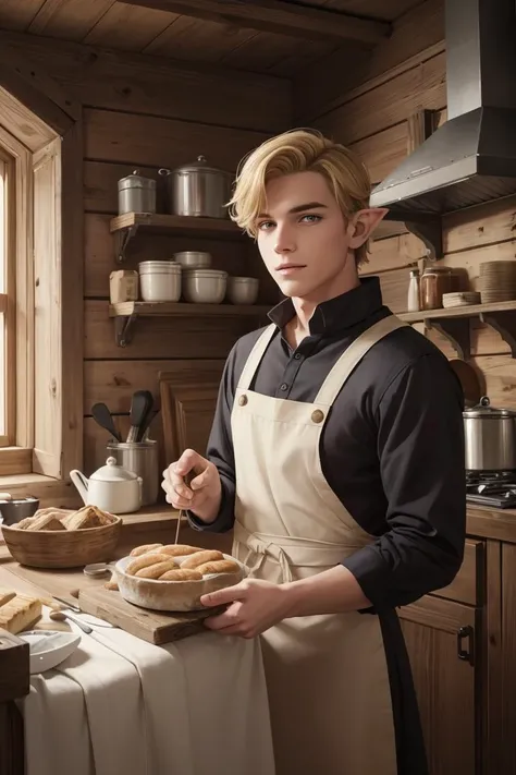 best quality, masterpiece, 1boy, adult (male:1.1) elf,  solo, yellow eyes, dark blonde layer cut, nordic, portrait, looking up, solo, (full body:0.6), detailed background, colorful (cottagecore theme:1.1), warm smile,  dark muted color clothing, dirty clothes, apron, (simple waist sash:0.5), rustic medieval bakery, medieval oven, bread, bags of flour,  flour, seeds,     (hills:0.7), (rural village:0.7), mystical lighting, ethereal atmosphere, dark shadows,  sinister,