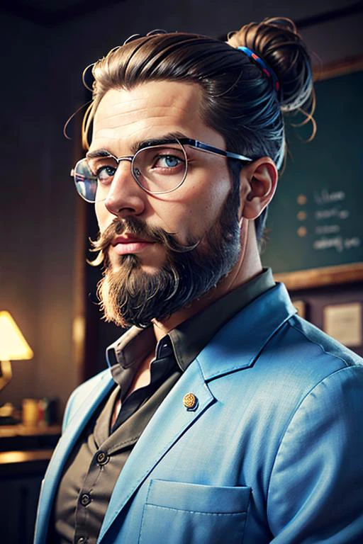 RAW photo, a Worm's Eye Angle photo,best quality, masterpiece, 1 man, (male:1.1), beard, solo, turquoise eyes, gray fade with beard, portrait, looking at viewer, solo, (full body:0.6), detailed background, detailed face, (1940s dieselpunk theme:1.1), inventor, safety-goggles, shirt, science, fantastical science lab in background, biology, virology, surgical mask, autoclave, dna, blackboard, , flower on head, triple bun, Nikon Coolpix P500, tenebrism, (Dreamworks:1.05),hands on face, :d,busty,(high detailed skin:1.2), 8k uhd, dslr, soft lighting, high quality, film grain,Aftereffects,(30 y.o.)