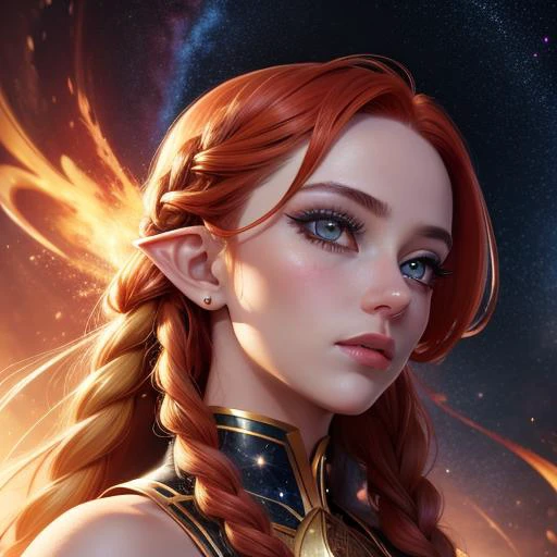 Highly detailed RAW color Photo, full body photo, (anime:1.10), masterpiece, 1girl, elven, lotus pose, detailed eyes, long_eyelashes, proportional_eyes, big gold eyes, perfect face, pretty face, (red hair color:1.10), braided hair, cinematic film still of a galaxy exploding super nova, extremely detailed background, (lens flare:0.7), (bloom:0.7), lighting effects, raytracing