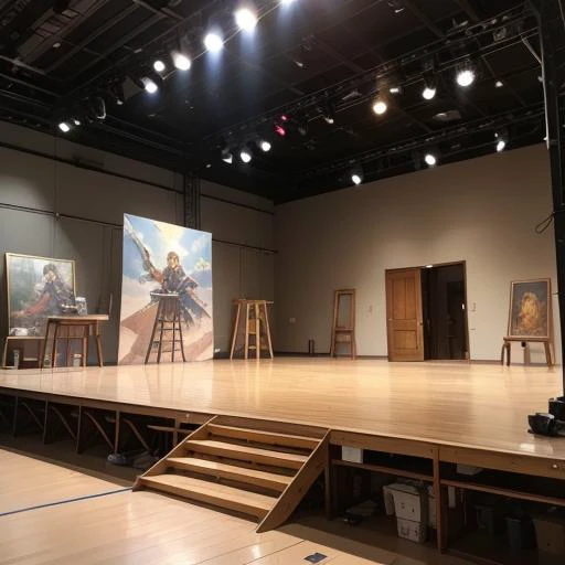 empty art studio, modeling painting stage, with a few easels surrounding the stage, detailed art, elevated stage, realistic, theater stage, a painting by artgerm and greg rutkowski and thomas kindkade and alphonse mucha