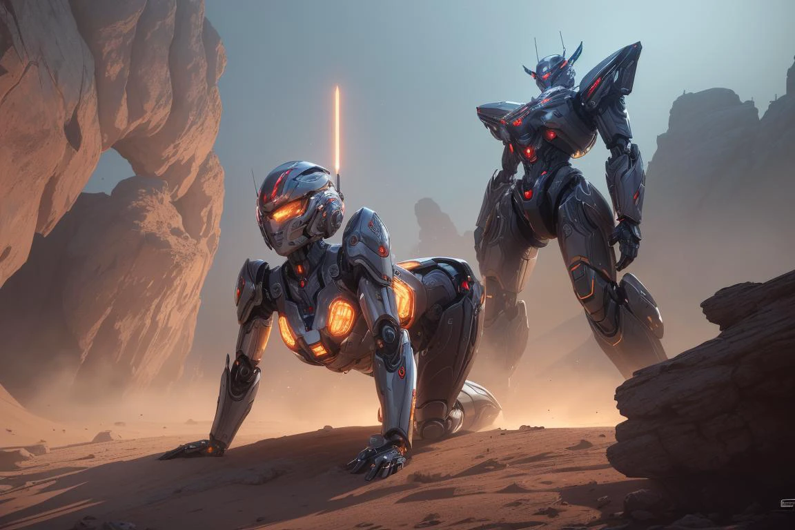 masterpiece, best quality, ultra-detailed, intricate, highly detailed, high resolution, realistic, HD, 8K, 1man, female robot, dynamic pose, an extremely delicate mecha, glowing dark red led parts, full body, High tech background, rim light, science fiction, (By Marek Okon:1.3), midjourney style, ((octane render))