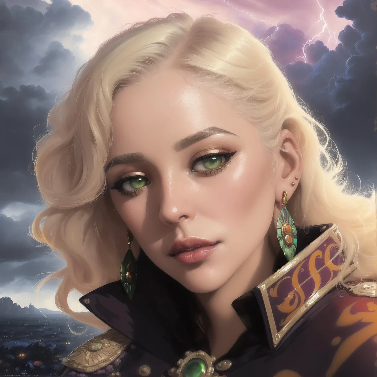 (Alternative Digital Artwork:1.3) of (Ultra detailed:1.3) Short, Firm, Round Face, Olive Skin, Platinum Blonde Hair, Blue Eyes with Green Flecks, Long Nose, Thin Lips, Sharp Chin, Long Hair, Wavy Hair, Half Up Half Down, perky breasts, Clip-on earrings, orange matte lipstick, A stormy day with dark clouds and thunder booming in the distance,(by Artist Paul Lehr:1.3),(by Artist Wangechi Mutu:1.3),CGSociety,ArtStation,(Impressionism:1.3),(80s Art:1.3),(Qajar Art:1.3),(Colorful:1.3),(close portrait:1.3),thematic background