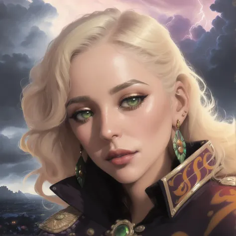 (Alternative Digital Artwork:1.3) of (Ultra detailed:1.3) Short, Firm, Round Face, Olive Skin, Platinum Blonde Hair, Blue Eyes with Green Flecks, Long Nose, Thin Lips, Sharp Chin, Long Hair, Wavy Hair, Half Up Half Down, perky breasts, Clip-on earrings, orange matte lipstick, A stormy day with dark clouds and thunder booming in the distance,(by Artist Paul Lehr:1.3),(by Artist Wangechi Mutu:1.3),CGSociety,ArtStation,(Impressionism:1.3),(80s Art:1.3),(Qajar Art:1.3),(Colorful:1.3),(close portrait:1.3),thematic background