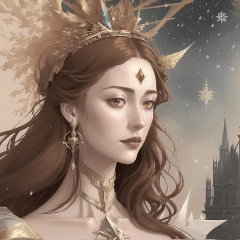 (Alternative Digital Artwork:1.3) of (Ultra detailed:1.3) Lady, Tall, Lean, Triangular Face, Dark Skin, Auburn Hair, Hazel Eyes, Straight Nose, Thin Lips, Receding Chin, Long Hair, Fine Hair, Low Updo, firm breasts, Drop earrings, golden stain lipstick, A winter wonderland with snowflakes gently falling from the sky,(by Artist Salvador Dali:1.3),(by Artist Ellen Jewett:1.3),CGSociety,ArtStation,(Neogothic Art:1.3),(Pre-Raphaelitism:1.3),(80s Art:1.3),(Colorful:1.3),(close portrait:1.3),thematic background