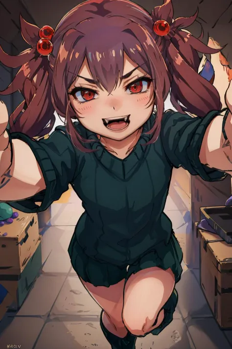 masterpiece, best quality, <lora:HeadGrabPOV:1> IncrsHeadGrabPOV <lora:spid3r-nvwls-v1-final:0.8> spid3r, twintails, hair bobbles, green sweater, green shorts, green boots, open mouth, :D, fangs, cave, cavern, red eyes, furrowed brow