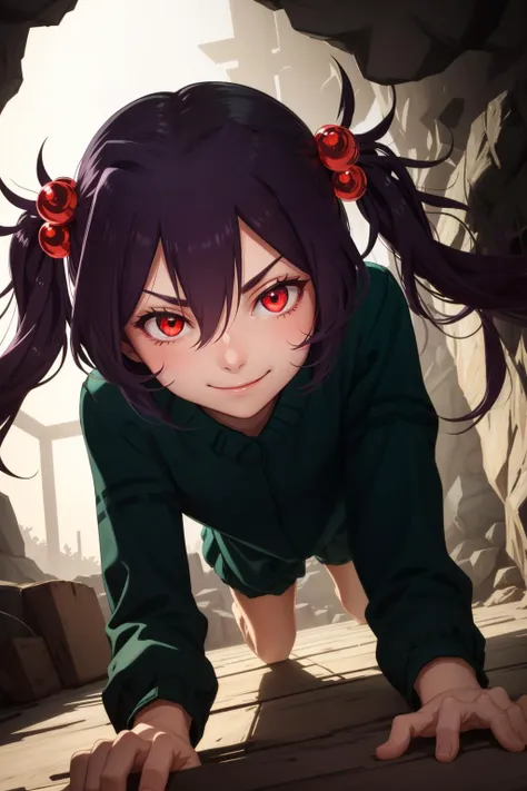 masterpiece, best quality, spid3r, twintails, hair bobbles, green sweater, green shorts, all fours, inside of a cave, dark, glowing eyes, upper body, furrowed brow, smile, looking at viewer <lora:spid3r-nvwls-v1-000012:0.9>