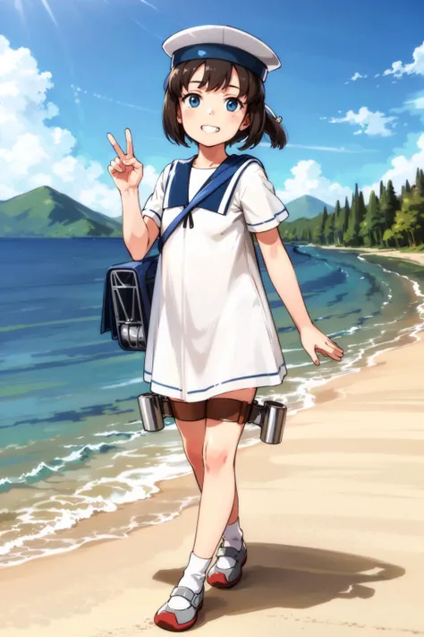 (masterpiece), (best quality), (ultra-detailed), photorealistic, (best illustration), (an extremely delicate and beautiful), 1girl, solo, kcdaitou, bob cut, ponytail, sailor dress, white dress, blue sailor collar, hat, full body <lora:hiburigata_nai_9:0.7:lbw=INS_MIDD> standing, blue eyes, looking at viewer, grin, walking, shoes, sunlight, blue sky, detailed scenery, white cloud, child, shoulder bag, thigh strap, (depth charge:1.44), peace sign,