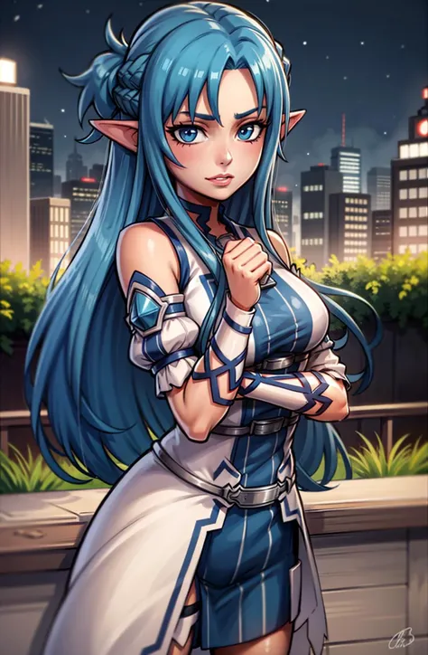 <lora:Char - AsunaALO:1> original outfit, 1girl, long hair, solo, detached sleeves, cityscape,