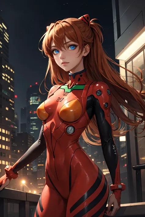 asukalangley, <lora:asukalangley:1>, asuka langley soryu, blue eyes, hair between eyes, headgear, interface headset, orange hair, BREAK bodysuit, long sleeves, plugsuit, red bodysuit, BREAK outdoors, city, BREAK looking at viewer, BREAK <lora:GoodHands-vanilla:1>, (masterpiece:1.2), best quality, high resolution, unity 8k wallpaper, (illustration:0.8), (beautiful detailed eyes:1.6), extremely detailed face, perfect lighting, extremely detailed CG, (perfect hands, perfect anatomy),