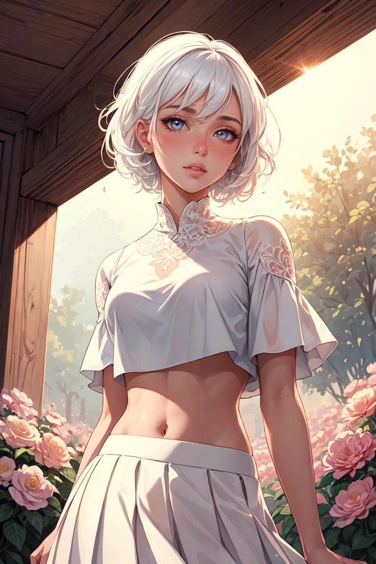 Cowboy Shot,beautiful and detailed illustration,pop art,masterpiece, best quality, ultra-detailed,soft lighting,<lyco:GoodHands-beta2:1>, <lora:add_detail:0.3> , 1girl, white hair, glossy eyes, crop top, skirt, parted lips, blush, flowers, sun, sunlight,