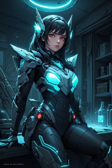 Cowboy Shot,beautiful and detailed illustration,pop art,masterpiece, best quality, ultra-detailed,soft lighting,<lyco:GoodHands-beta2:0.8>, <lora:add_detail:0.3> ,BREAK detailed spaceship interior BREAK girl, Bioluminescence details, futuristic armor, futuristic soldier, menacing look, looking down, red eyes, sitting, holding weapon with Bioluminescence details,