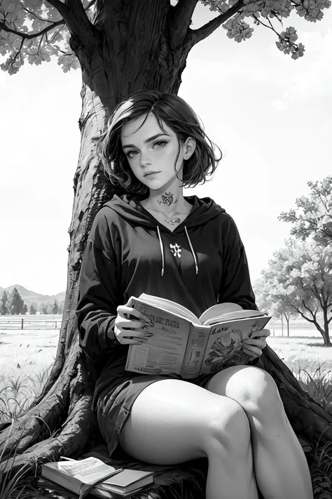 Cowboy Shot,<lyco:GoodHands-beta2:0.8>, <lora:add_detail:0.3> ,Emma Watson sitting under a tree reading a book tattoo line art
