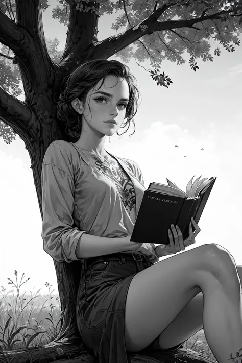 Cowboy Shot,<lyco:GoodHands-beta2:0.8>, <lora:add_detail:0.3> ,Emma Watson sitting under a tree reading a book tattoo line art