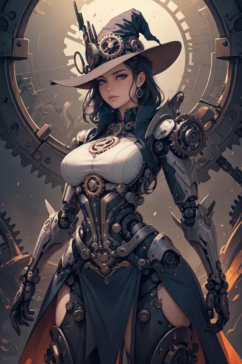 Cowboy Shot,(Masterpiece, best quality:1.2), professional work, extremely detailed, high quality, 16K, highres, ultra details, finely detail, an extremely delicate and beautiful, extremely detailed, vibrant color, dominating, biochemical cybernetic 1young witch, steampunk clockwork witch hat, cybernetic style witch dress, stray hair, magical aura, dynamic pose, (fractal art:1.5, zentangle:1.1), (epic composition, epic proportion), (gears background), mechanical parts, robot joints, headgear, full armor, mechanical parts, robot joints, headgear, full armor, mecha musume,<lora:GoodHands-vanilla:1>