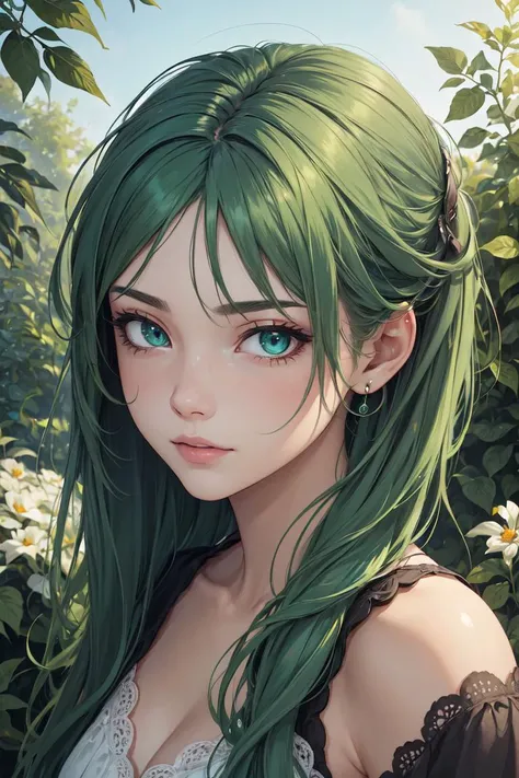 (masterpiece, best quality, detailed face, detailed eyes, high res, high quality), 1girl, green hair, garden