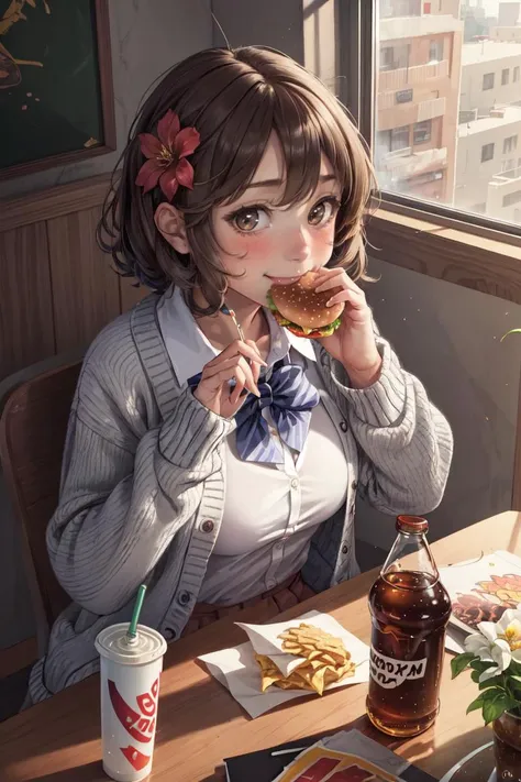 Cowboy Shot,beautiful and detailed illustration,pop art,masterpiece,best quality,ultra-detailed,soft lighting,<lora:add_detail:0.3>,upper body,solo,1girl,mimura kanako,smile,looking at viewer,hair flower,school uniform,cardigan,indoors,table,food,burger,soda bottle ,<lora:borger-nvwls-v4:0.8>,<lora:GoodHands-vanilla:1>,