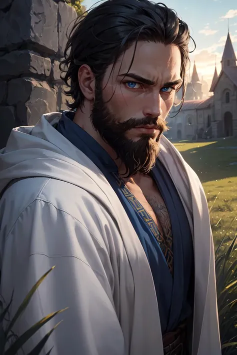 (masterpiece, best quality, ultra-detailed, best shadow),(western style:0.8), (realistic:1.2), analog style, (fibonacci), (detailed background, cowboy shot, grass, on grass, outdoors, hill, day, Uppsala, speaking, ((aura)), runes, looking at viewer ), (handsome detailed face, masculine features, strong jawline), (best illumination), ((cinematic light)), colorful, hyper detail, dramatic light, intricate details, (1boy, man named Haldor, black hair, short hair, bright blue eyes, norse, beard, blue and white robe, god),<lora:GoodHands-vanilla:0.8>,