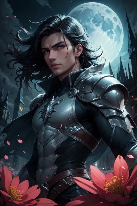 Cowboy Shot,beautiful and detailed illustration,pop art,masterpiece,best quality,ultra-detailed,soft lighting,<lora:add_detail:0.3>,1 male,adult,handsome,tall muscular guy,broad shoulders,finely detailed eyes and detailed face,fantasy,night,dark theme,cinematic lighting,colorful,portrait,flying petal,Flowery meadow,cloudy sky,building,moon,light,dutch angle,glossy eyes,cinematic shot,vibrant colors,gorgeous colors,dynamic action pose,smagnificent panorama view,<lora:GoodHands-vanilla:1>,