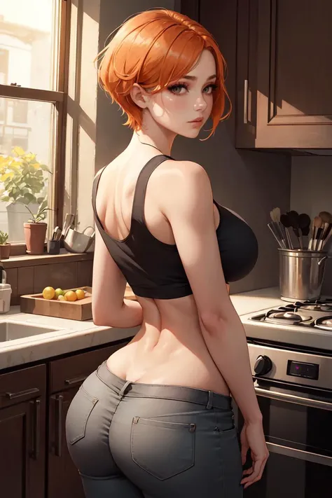 Cowboy Shot,1girl,solo,orange hair,breasts,makeup,navel,eyeshadow,black eyes,crop top,midriff,pants,large breasts,short hair,bare shoulders,tank top,shirt,sleeveless,sleeveless shirt,from behind,looking at viewer,indoors,window,kitchen,ass,huge ass,<lora:GoodHands-vanilla:1>,