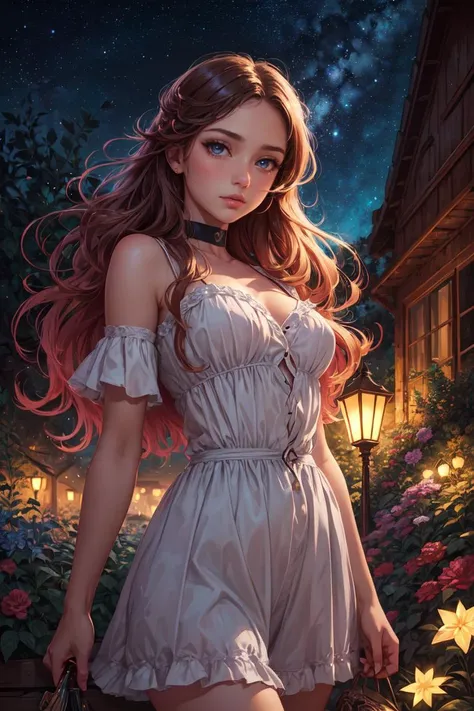 Cowboy Shot,beautiful and detailed illustration,pop art,masterpiece,best quality,ultra-detailed,soft lighting,<lora:add_detail:0.3>,1 girl,shy face,starry sky,garden background,glossy eyes,cinematic shot,vibrant colors,gorgeous colors,dynamic action pose,<lora:GoodHands-vanilla:1>,