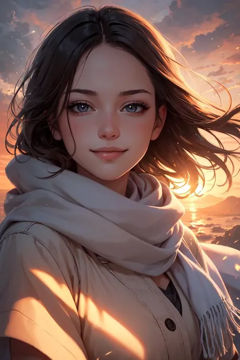 masterpiece,best quality,realistic,1girl,illustration of a girl floating in the sky,scarf,floating hair,close-up,warm soft lighting,sunset,cloud,cloudy sky,(sparks:0.7),(light particles:1.1),volumetric lighting,smug,smirk,<lora:GoodHands-vanilla:1>,
