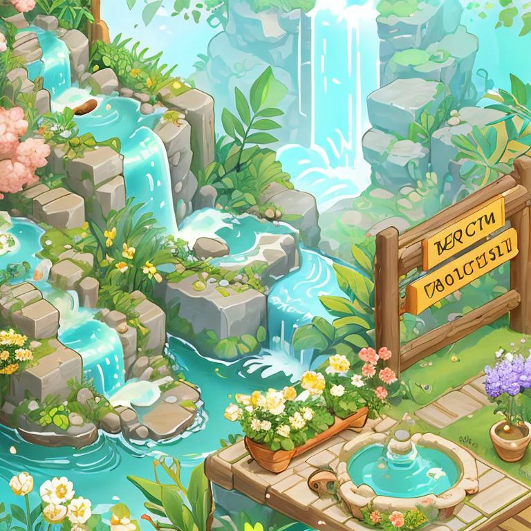 ((masterpiece, best quality,)),no humans, flower, water, scenery, plant, waterfall, sign, grass <lora:游æåºæ¯è®¾è®¡_v1.0:0.8>