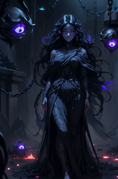 A woman in her early thirties, her long black hair cascading down her back. Her once pale skin has taken on an ashen hue, almost as if she were already a part of the void. She is dressed in a flowing, black robe, adorned with symbols that seem to writhe and twist as if they were alive. Her hands are bound by chains made of the same material, and these chains disappear into the darkness behind her. Standing before her, three void creatures loom menacingly, their translucent bodies glowing with an eerie, otherworldly light.  <lora:insanevoid:0.53>, beautiful and detailed illustration, pop art, masterpiece, best quality, ultra-detailed, soft lighting, cinematic shot, vibrant colors, gorgeous colors, <lora:add_detail:0.3>, <lora:stylesqueeze_v2:0.5>,