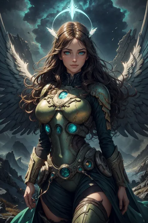 beautiful and detailed illustration, pop art, masterpiece, best quality, ultra-detailed, soft lighting, cinematic shot, vibrant colors, gorgeous colors, <lora:add_detail:0.3>, <lora:stylesqueeze_v2:0.5>,
1 girl, adult irish woman, green eyes, medium brown messy hair,
Style-GravityMagic, solo, full body, detailed background, detailed face, (fallout theme:1.1), (angel of war:1.05), large feathery wings, wearing dark themed clothes, , smile, powerful presence, ethereal hair, raised hand, glowing halo of light above head, symbol of hope, , ancient prophecy, , heavenly salvation, heavenly landscape in background, gentle breeze, epic atmosphere,