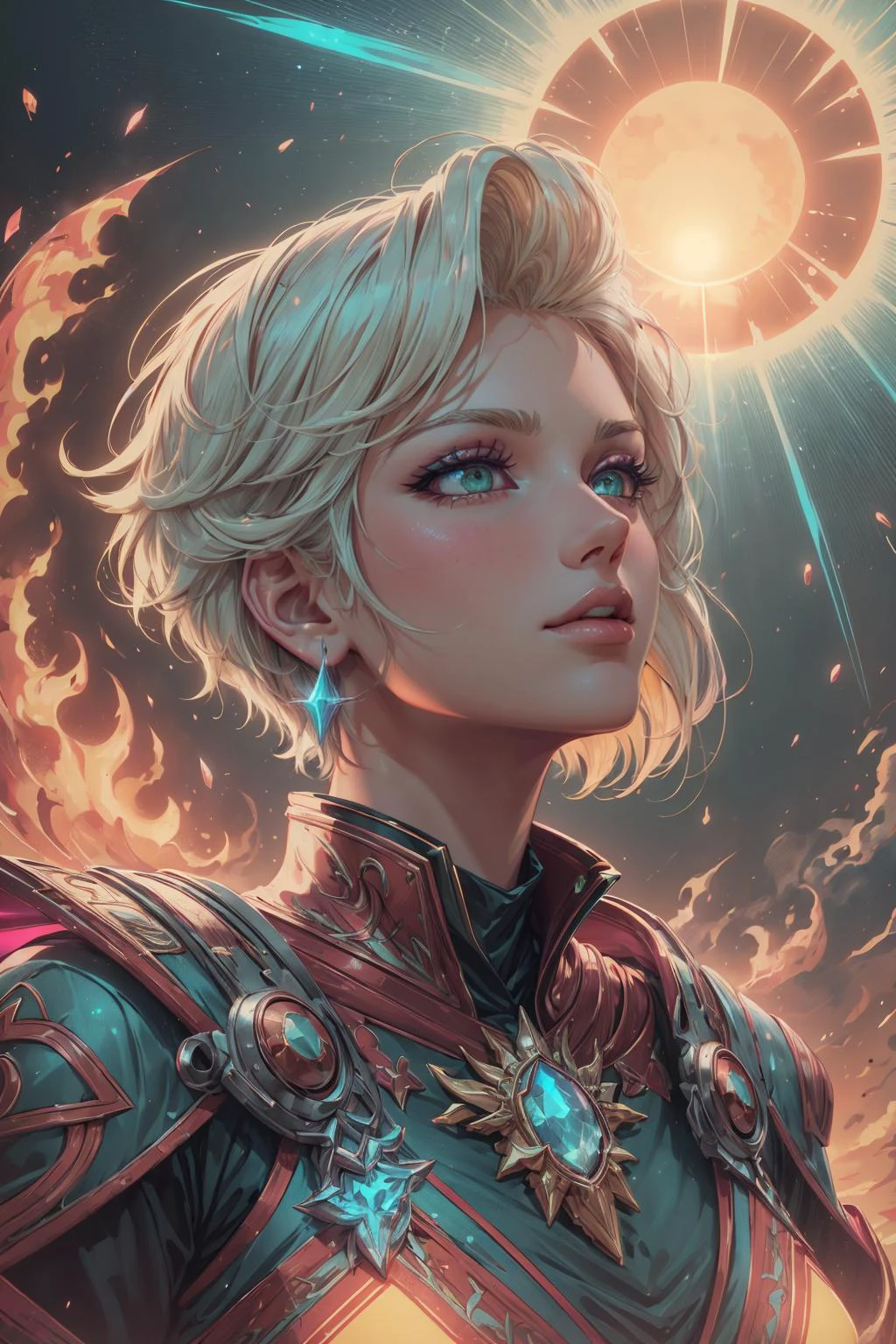 beautiful and detailed illustration, pop art, masterpiece, best quality, ultra-detailed, soft lighting, cinematic shot, vibrant colors, gorgeous colors, <lora:add_detail:0.3>, <lora:stylesqueeze_v2:0.5>,
1 girl, adult italian woman, green eyes, platinum blonde razor cut hair,
<lora:GoodHands-beta2:0.8>,
Style-GravityMagic, portrait, solo, half shot, looking up, detailed background, detailed face, (<lora:RetrowaveTech:0.6>, synthwave, wirefrme, retrowavetech theme:1.1), sun-mage, bringer of the light, wearing embroidered yellow-red mage clothes, blazing fury of the sun, enchatned scepter of solar power, casting spell, bursts of solar energy, , radiant halo of solar light, magical solar inscriptions, daybreak in background, symphony of light, darkness dispersed by sunlight, ethereal atmosphere,