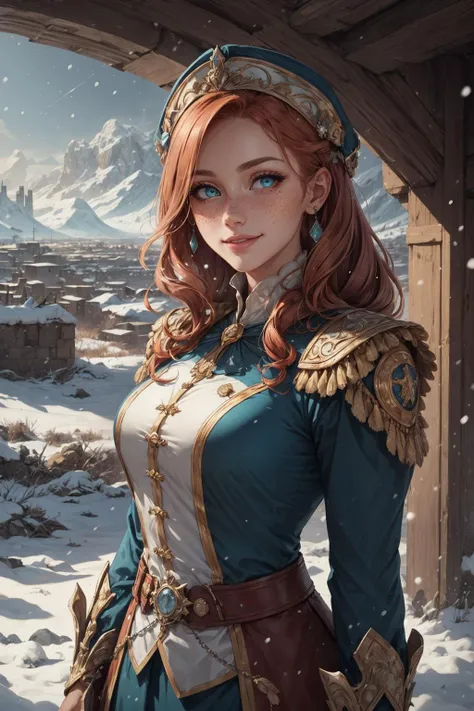 beautiful and detailed illustration, pop art, masterpiece, best quality, ultra-detailed, soft lighting, cinematic shot, vibrant colors, gorgeous colors, <lora:add_detail:0.3>, <lora:stylesqueeze_v2:0.5>,
1 girl, adult (elven:0.7) woman, freckles, aquamarine eyes, auburn twin drills hair,
solo, half shot, looking at viewer, detailed background, detailed face, (renaissance theme:1.1), military commander, aristocratic, (1500s, age of colonialism:1.1), calculated smile, elaborate clothes, crest, , triumphant, desolate battlefield in background, banners, explosions, snowing,