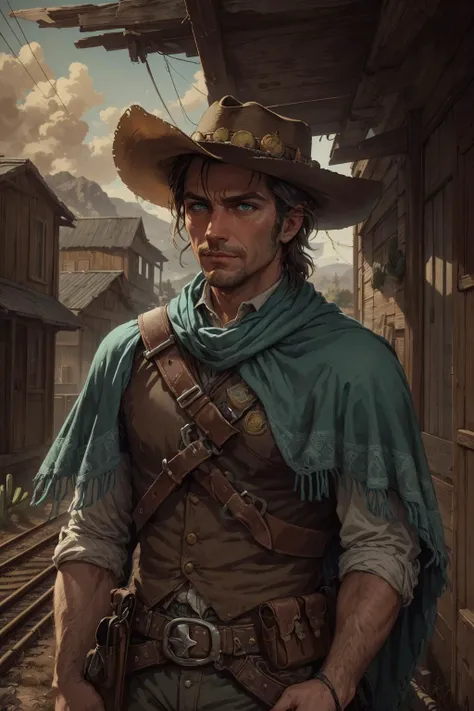 <lora:w3st:1> w3st man portrait, cowboy, black outfit, smiling