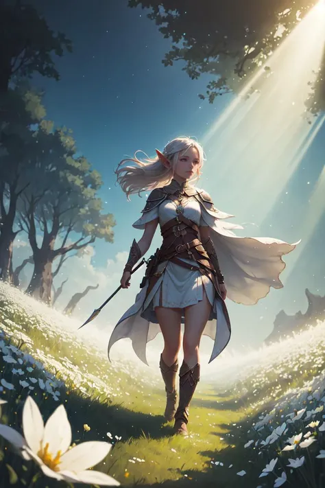 masterpiece,best quality,1girl,elf adventurer walking through a field of white flowers,dutch angle,cinematic,volumetric lighting,sunbeam,soft lighting,mystical,magical,rim lighting,fantasy,sparkle,glittering,